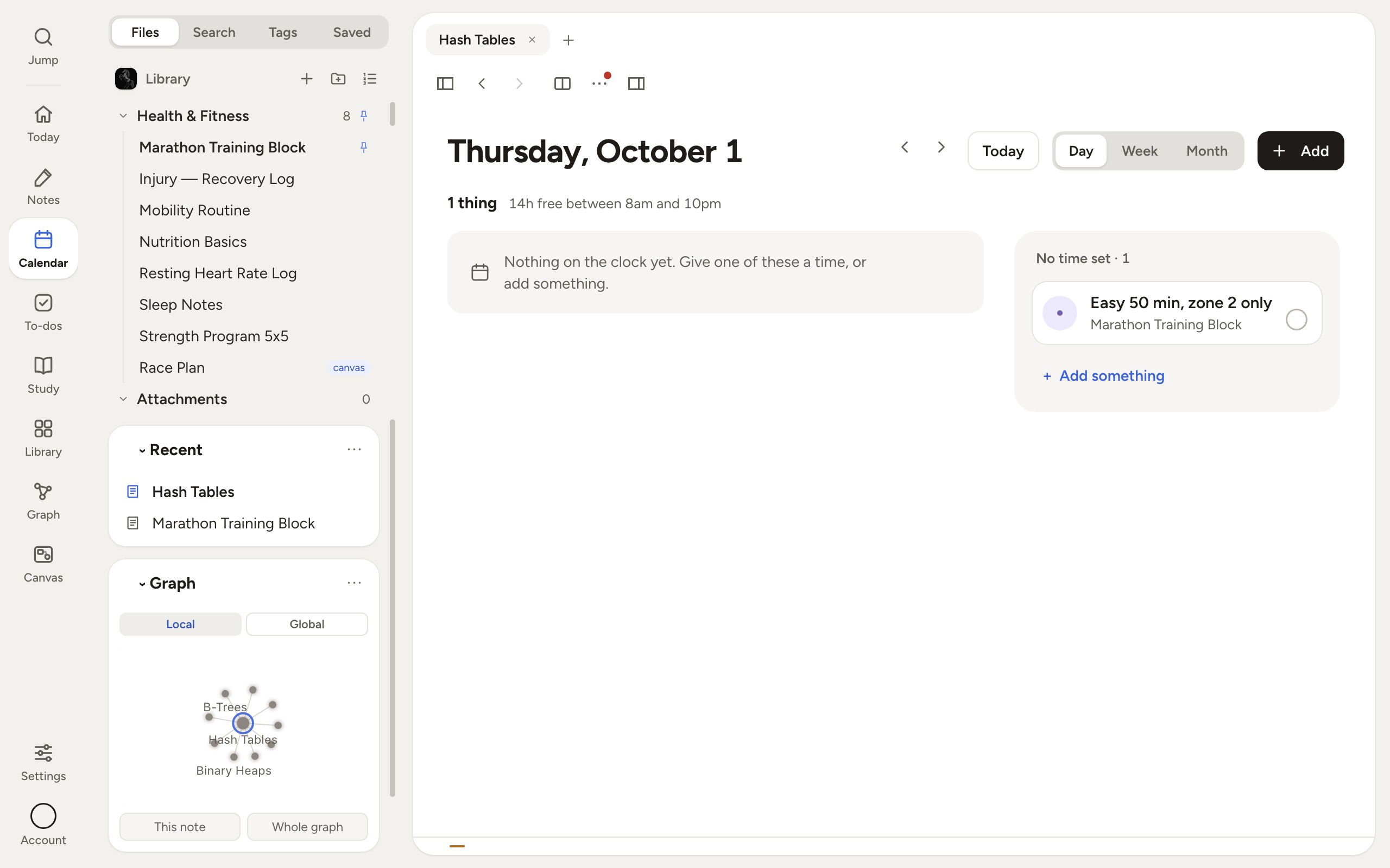 The Calendar page showing a single day with a timed to-do in the tray beside it