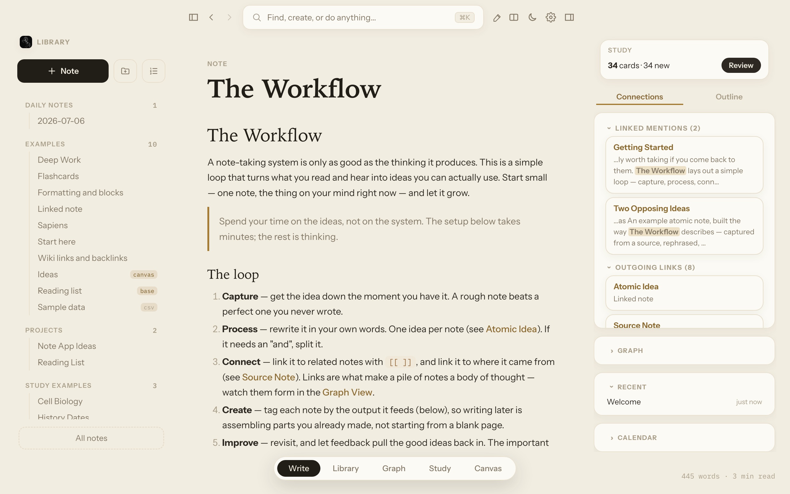 A note with gold wiki links and the Connections panel showing linked mentions and outgoing links