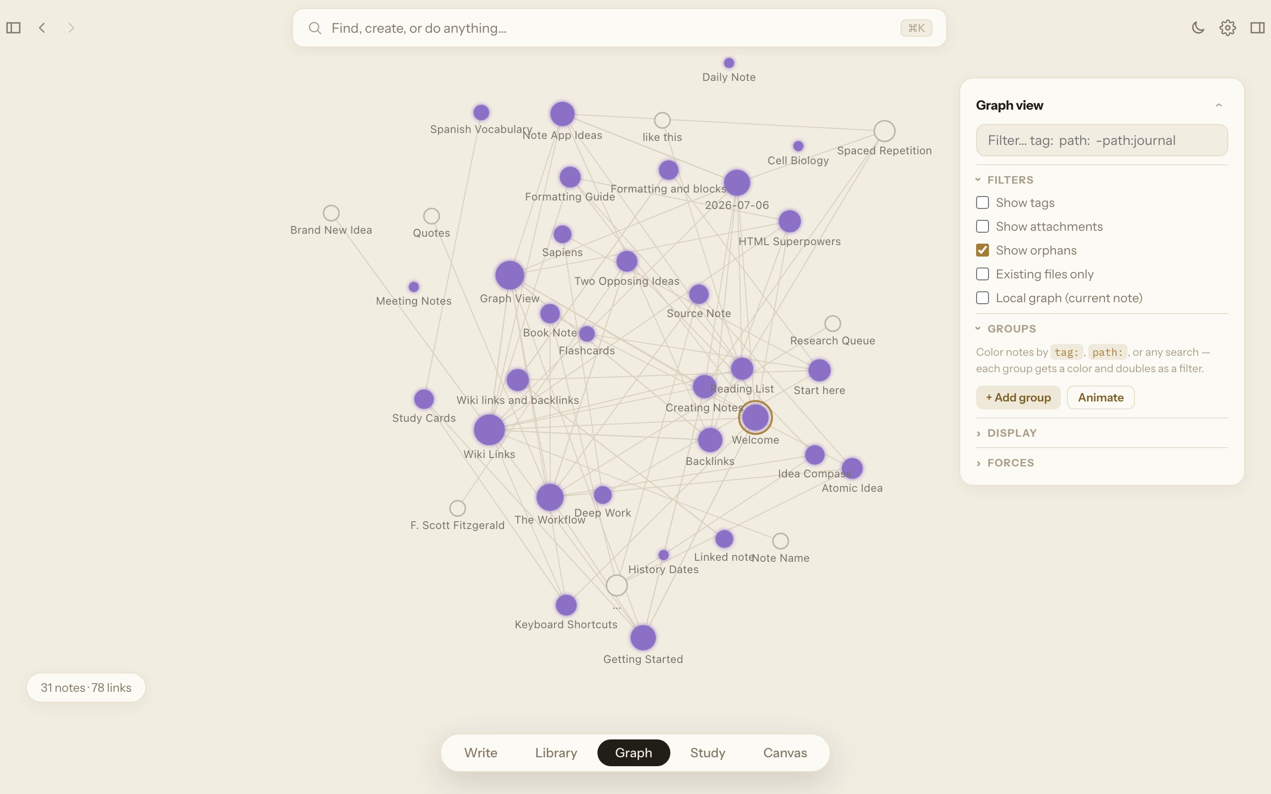 Graph view drawing a library of notes as connected dots with the filters panel floating on the right