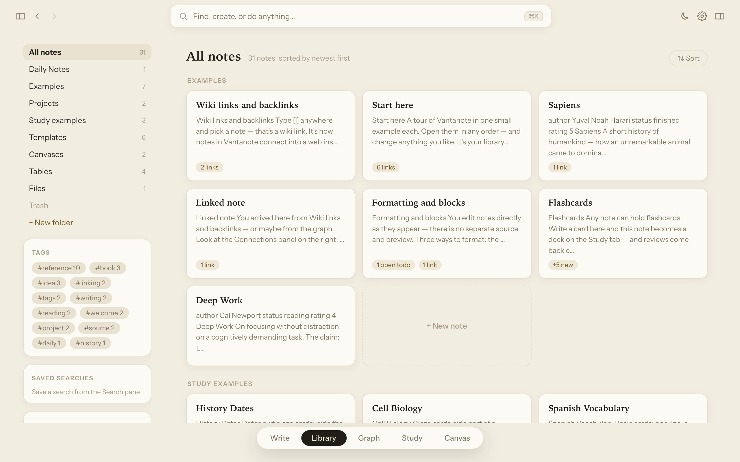 The Library page showing notes as cards grouped by folder with tags and filters on the left